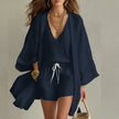 Women's Three Piece Romper Set Kimono in Navy Blue – V-neck vest top, drawstring shorts, and open-front kimono cardigan