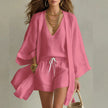 Women's Three Piece Romper Set Kimono in Pink – V-neck vest top, drawstring shorts, and open-front kimono cardigan