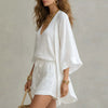 Women's Three Piece Romper Set White – side view showing batwing kimono sleeve and V-neck top