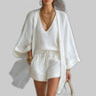 Women's Three Piece Romper Set Kimono in White – V-neck vest top, drawstring shorts, and open-front kimono cardigan