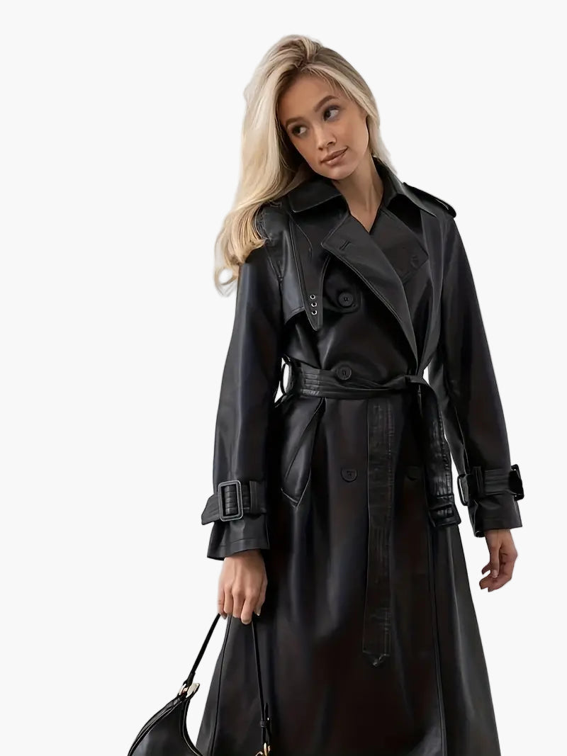 Women's Trench Coat Long Double Breasted Belted – Black