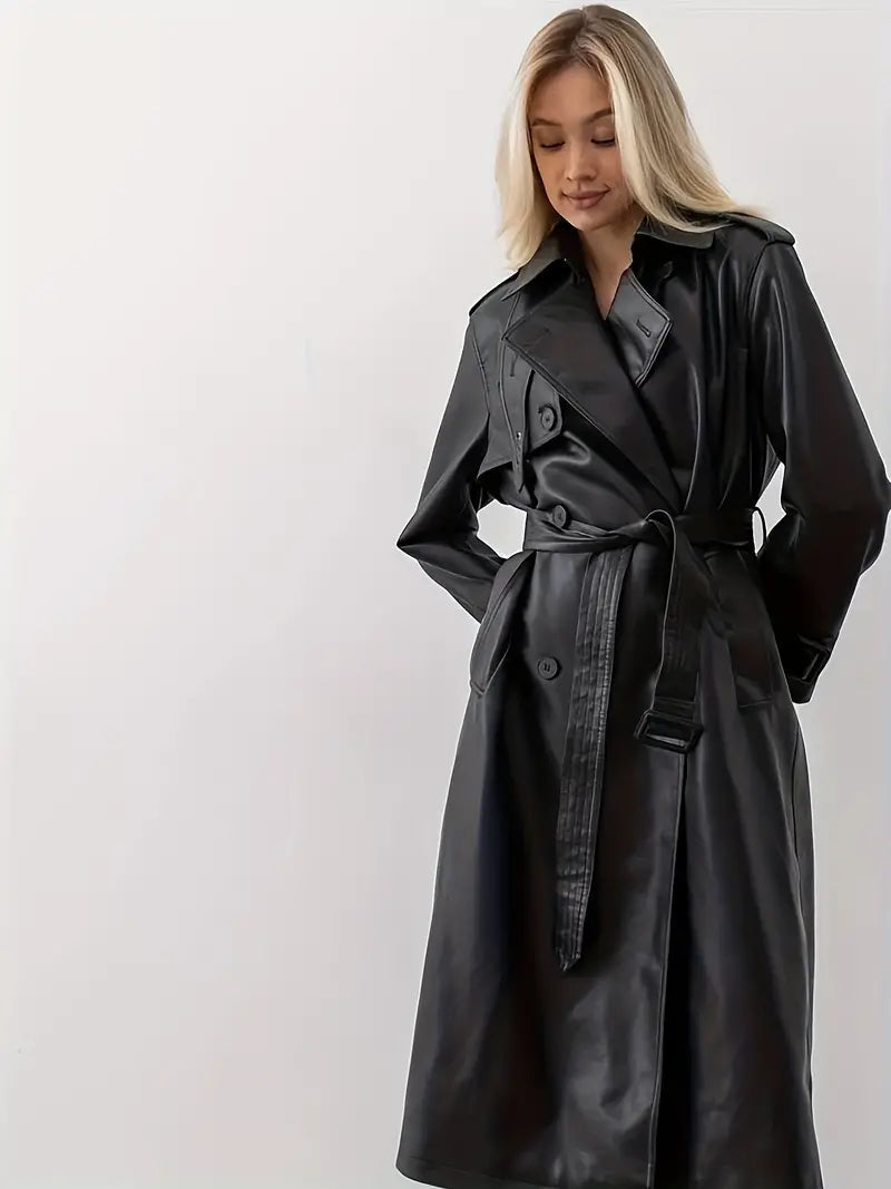 Women's Trench Coat Long Double Breasted Belted