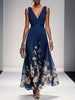 Women's V-Neck Floral Dress Maxi in Navy Blue — full length runway view with ivory and blush floral border hem