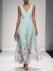 Women's V-Neck Floral Dress Maxi in Light Green — full length runway view with pink cherry blossom floral border