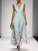 Women's V-Neck Floral Dress Maxi in Light Green — full length runway view with pink cherry blossom floral border