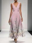 Women's V-Neck Floral Dress Maxi in Pink — full length runway view with multicolor pastel floral border