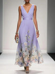 Women's V-Neck Floral Dress Maxi in Purple — full length runway view with pastel floral border in cream and blush tones