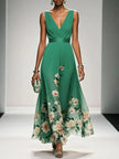 Women's V-Neck Floral Dress Maxi in Green — full length runway view with cream and blush peony floral border