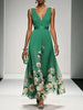 Women's V-Neck Floral Dress Maxi in Green — full length runway view with cream and blush peony floral border