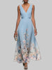 Women's V-Neck Floral Dress Maxi in Light Blue — full length runway view showing deep V-neck bodice and flowing A-line skirt with floral border hem