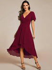 Women's V-Neck Ruffle Dress Midi in Burgundy