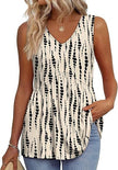 Woman wearing a black and white patterned V-neck peplum top