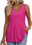 Woman wearing a pink-red textured V-neck peplum top