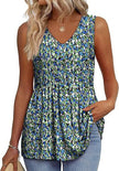 Woman wearing a blue textured V-neck peplum top