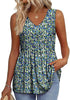 Woman wearing a blue textured V-neck peplum top