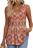 Woman wearing an orange textured V-neck peplum top
