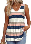Woman wearing a pink striped V-neck peplum top