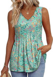 Woman wearing a light green textured V-neck peplum top