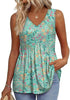 Woman wearing a light green textured V-neck peplum top