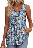 Woman wearing a yellow and blue patterned V-neck peplum top