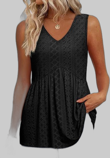 Woman wearing a black textured V-neck peplum top