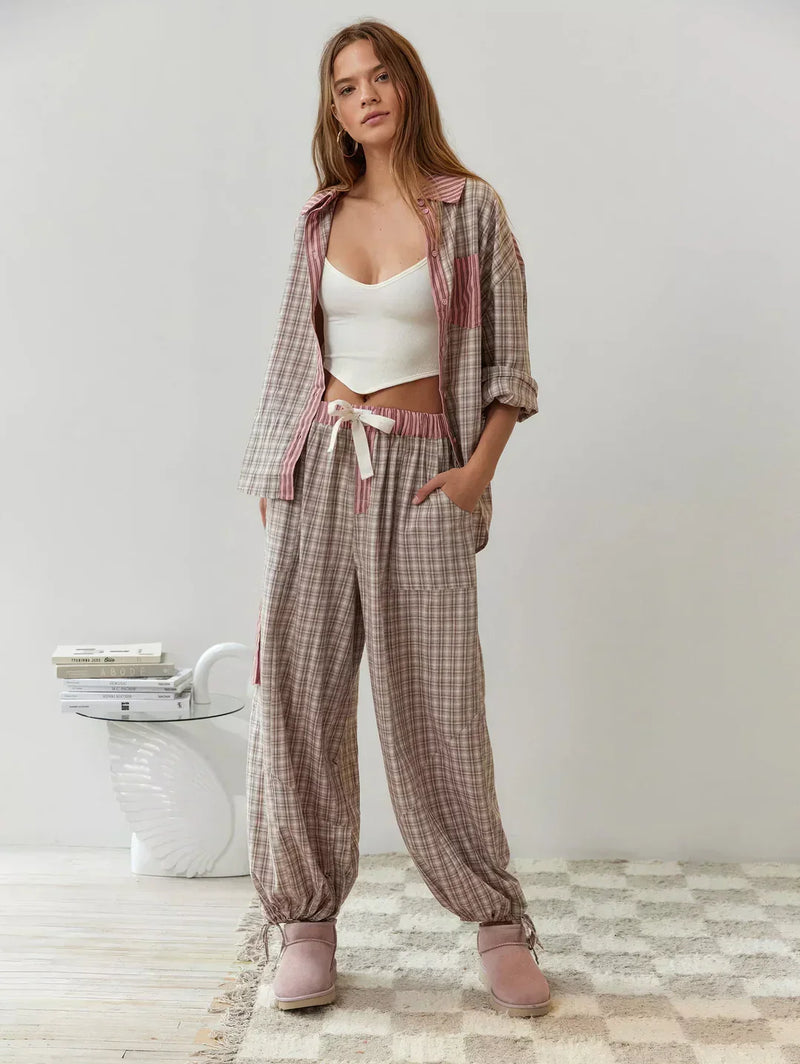 Women's Winter Pajama Set Plaid Button Up – Pink