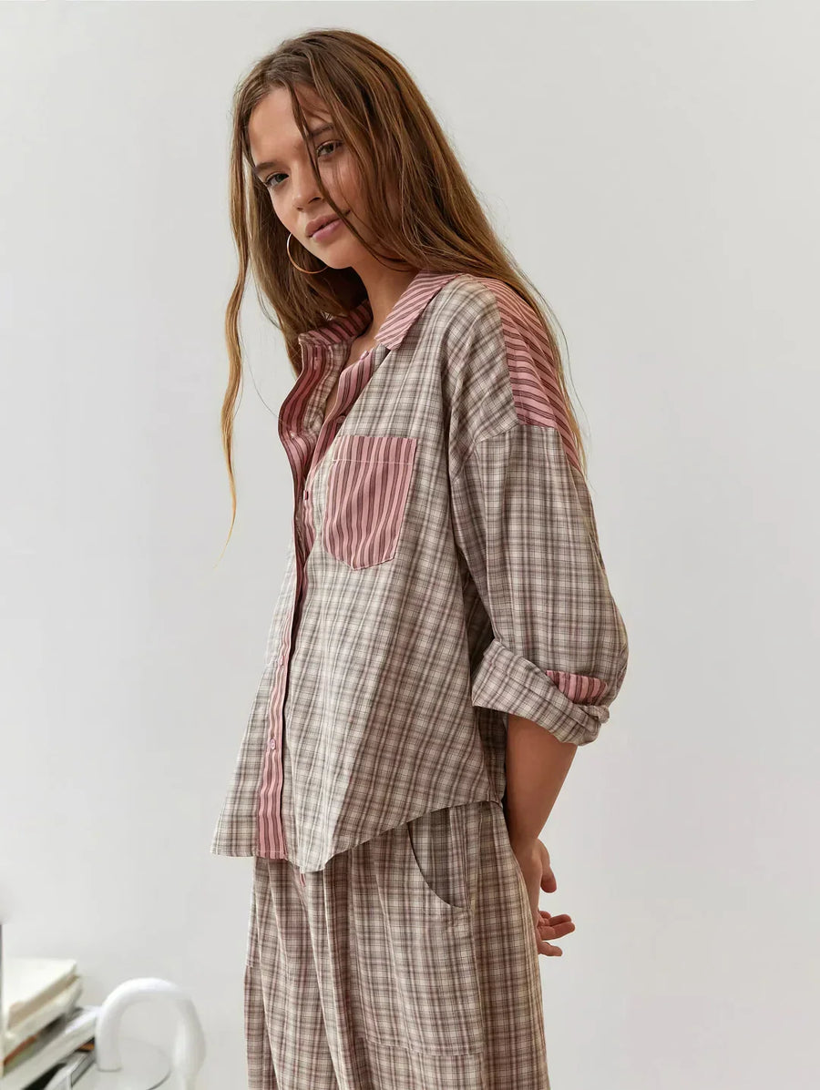 Women's Winter Pajama Set Plaid Button Up