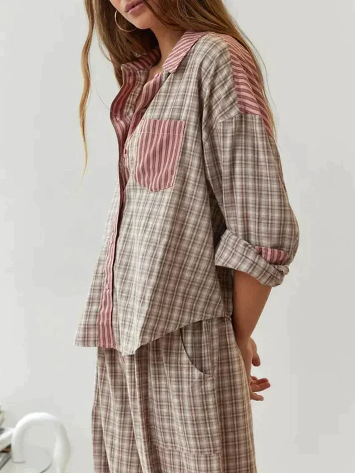 Women's Winter Pajama Set Plaid Button Up