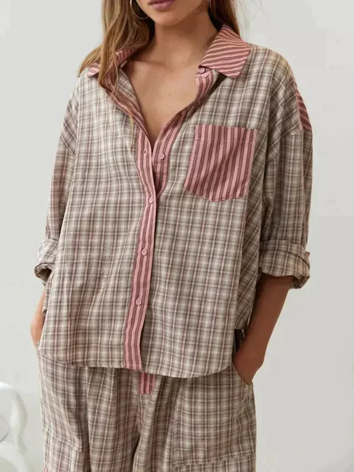 Women's Winter Pajama Set Plaid Button Up